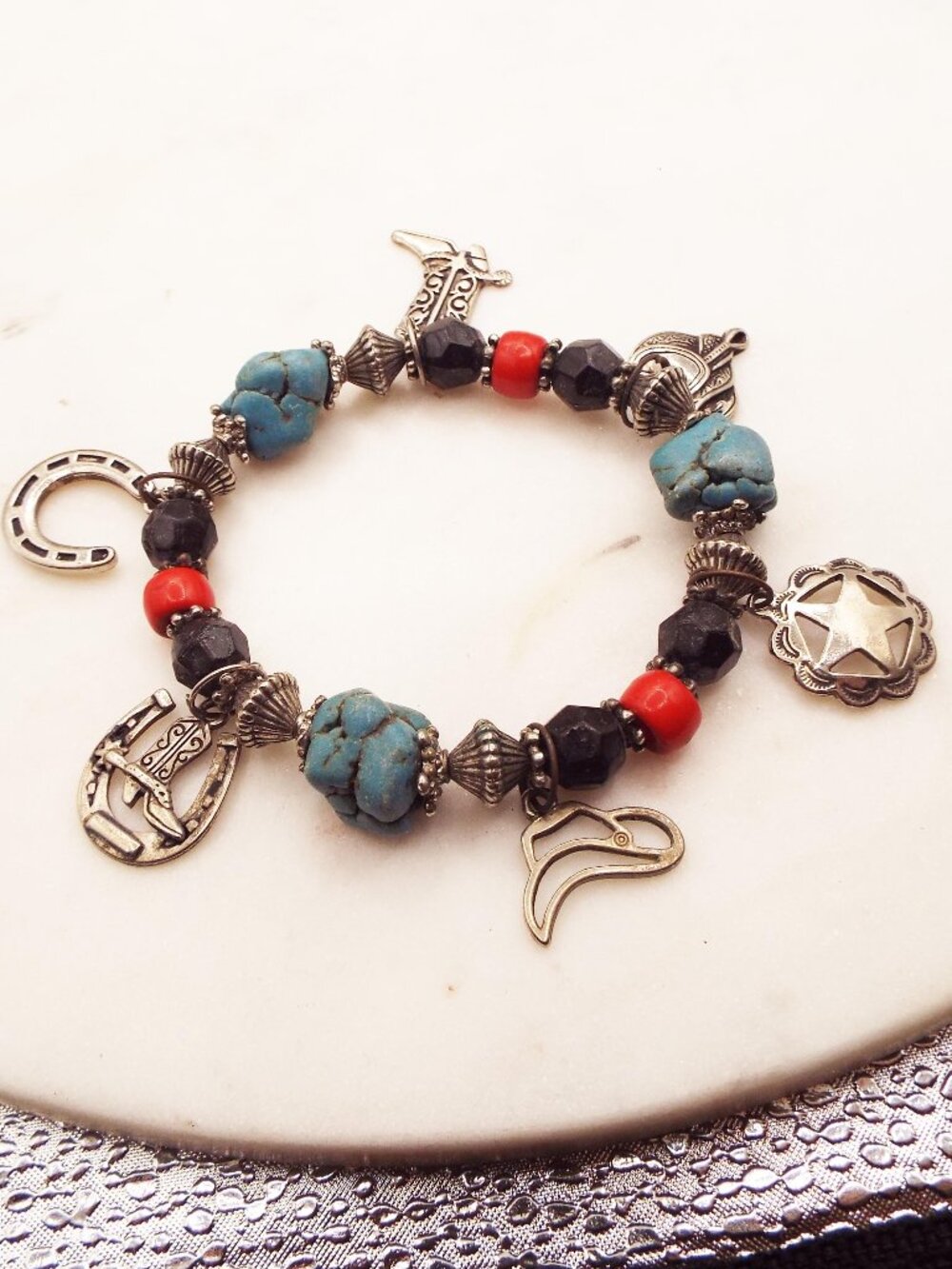 WESTERN COWBOY RODEO SOUTHWEST THEMED CHARM TURQUOISE NUGGET STRETCHY BRACELET L